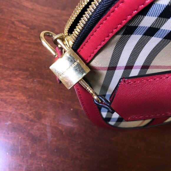 BURBERRY Horseferry Checkered Canvas and Leather Tote Bowling Bag Red/Beige - Picture 12 of 16